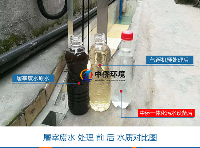 屠宰污水經(jīng)氣浮機一體化污水處理設(shè)備前后水質(zhì)對比圖